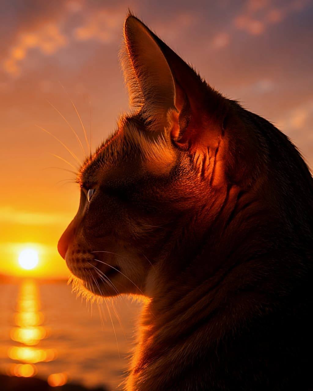 「息を呑むような夕焼け空と猫のシルエット🌇✨ドラマチックでエモーショナルな瞬間をお届けします🐈🌅」Ultra-realistic high-quality photograph of a cat's profile silhouette against a beautiful golden sunset and ocean background, with impressive rim lighting on the fur. 美しい黄金色の夕焼けと海を背景に、猫の横顔がシルエットとして浮かび上がるドラマチックな写真。輪郭の毛の輝きが印象的です