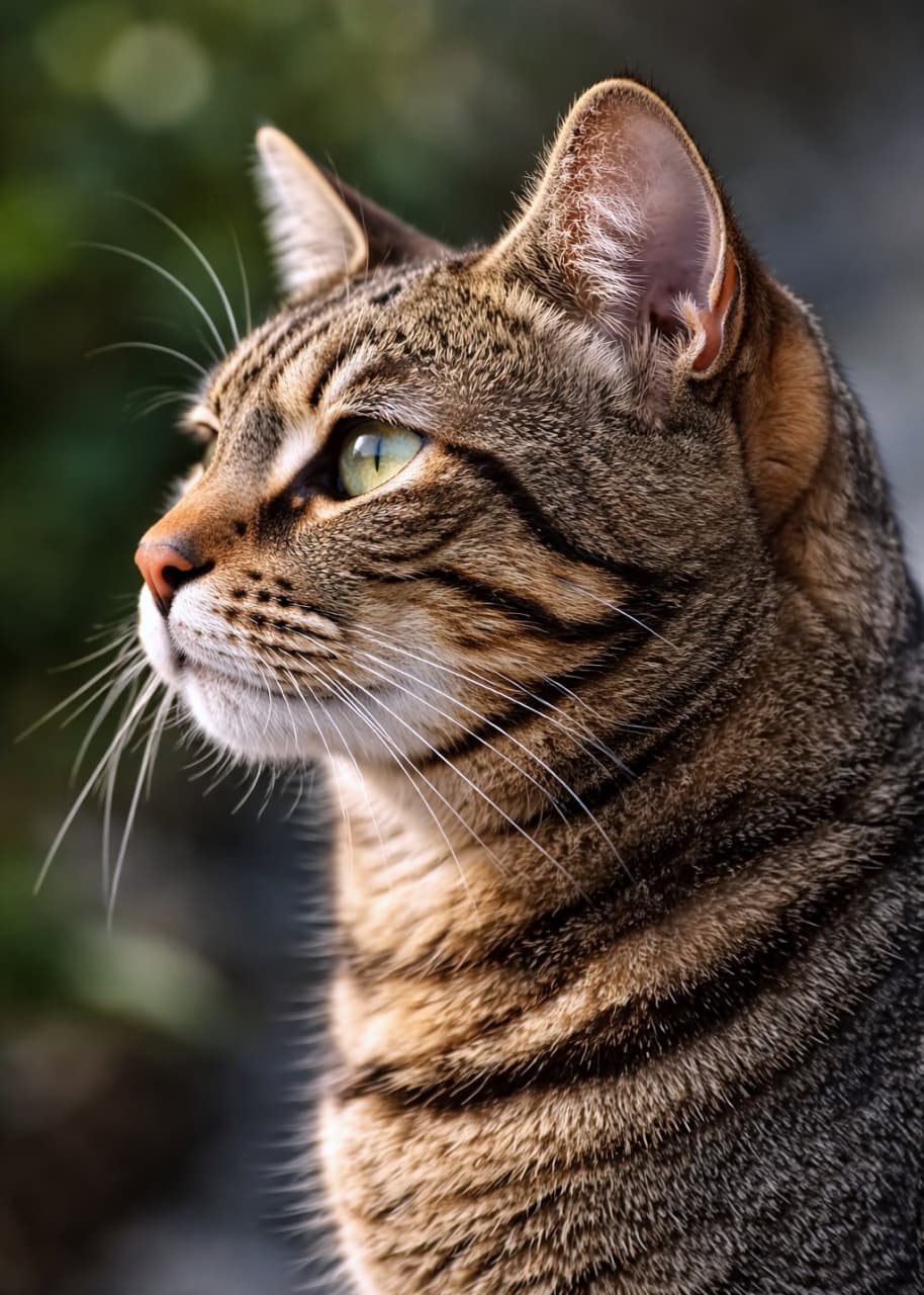 「少し濡れたような毛並みがワイルドでかっこいい！😼✨ 凛とした横顔から目が離せません💕 #イケにゃん #キジトラ猫 #ワイルドキャット」Ultra-realistic high-quality close-up photograph of a tabby cat's profile with slightly textured fur giving a wild impression, staring ahead strongly with dignified eyes. 少し濡れたような毛並みがワイルドでかっこいい！😼✨ 凛とした横顔から目が離せません💕 #イケにゃん #キジトラ猫 #ワイルドキャット