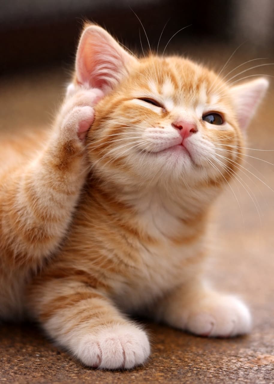 「「えへへ、痒いニャ🐾」って声が聞こえてきそう！奇跡のウインク姿にキュン死確定です💘🐈 #子猫 #茶トラ #癒し動画じゃないよ画像だよ」Ultra-realistic high-quality photograph of a cute ginger kitten scratching its ear with its hind leg, making a charming winking expression. 後ろ足で耳のあたりを掻きながら、可愛らしくウインクをしているような表情を見せる茶トラの子猫のクローズアップ写真