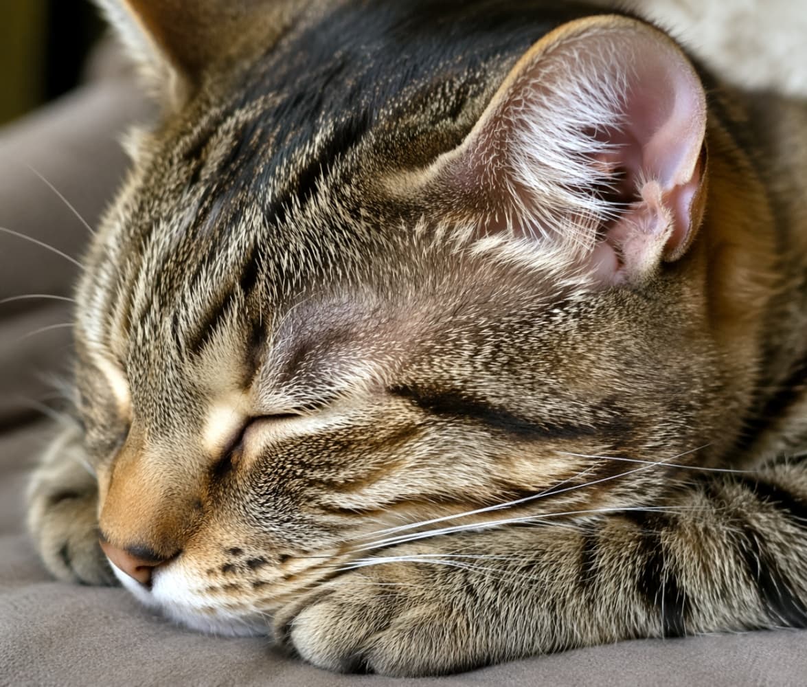 「どんな夢を見ているのかな？💭スヤスヤ眠るトラ猫ちゃんの無防備な寝顔に癒される至福のひととき🐾💤」Ultra-realistic high-quality close-up photograph of a sleeping tabby cat's profile resting on its paws, realistically showing a relaxed expression and fur texture. 前足を枕にしてスヤスヤと眠るトラ猫の横顔のクローズアップ写真。リラックスした表情と毛並みの質感がリアルに表現されています