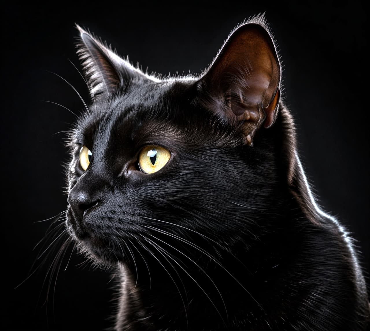 「暗闇に浮かび上がる美しい毛並みと黄金の瞳✨クールでミステリアスな黒猫ちゃんの魅力に惹き込まれます🐈‍⬛💛」Ultra-realistic high-quality studio portrait photograph of a black cat against a dark background, highlighted by rim light with striking yellow eyes. 黒い背景の中、エッジライトによって美しいシルエットが際立つ黒猫のスタジオポートレート写真。鮮やかな黄色の瞳が印象的です