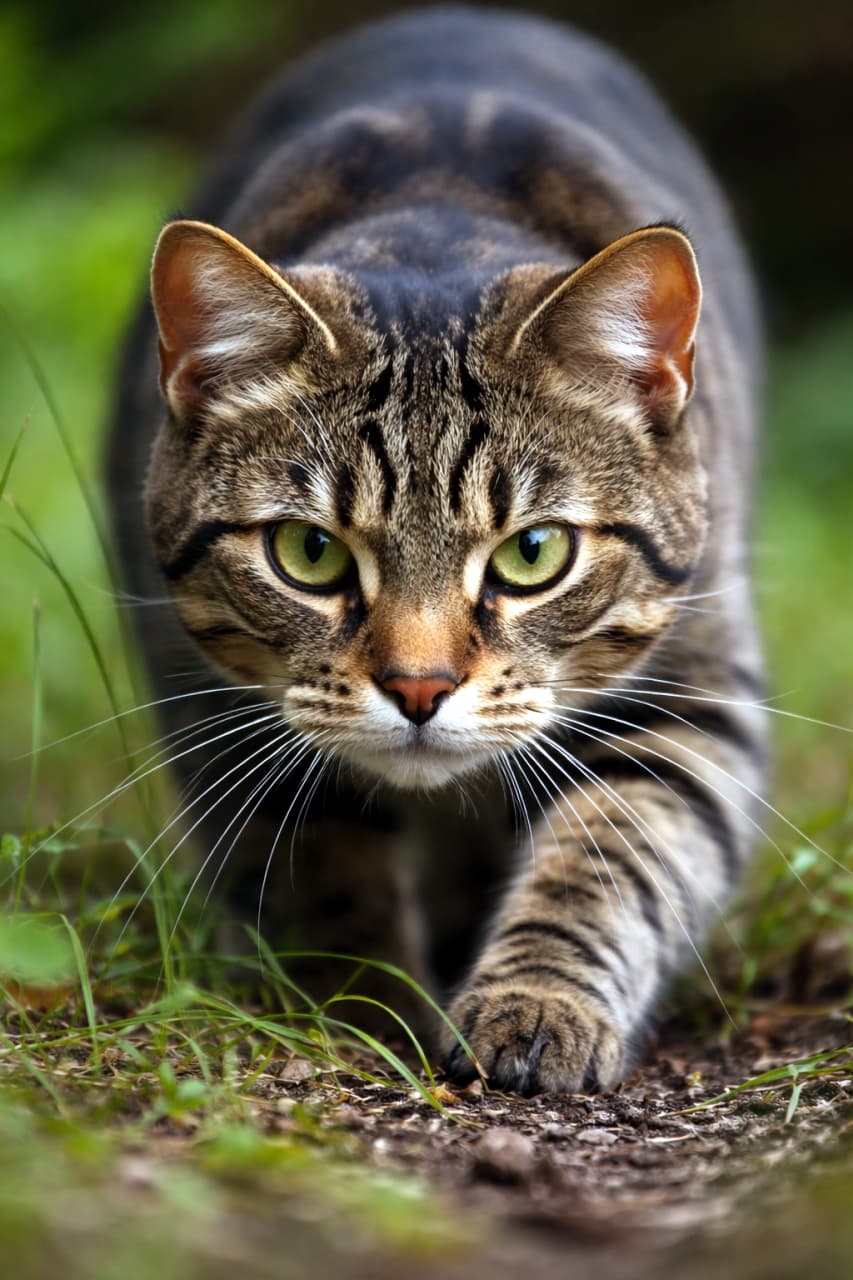 「狙った獲物は逃がさない😼✨ハンターモードのキジトラちゃんの鋭い視線に、思わずドキッとしちゃいますね！🌿」Ultra-realistic high-quality photograph of a tabby cat crouching in the grass with a sharp gaze looking directly at the camera, capturing a hunter-like dynamism. 草むらの中で身を低くし、鋭い視線で正面を見据えるキジトラ猫の高画質写真。ハンターのような躍動感と緊張感がある