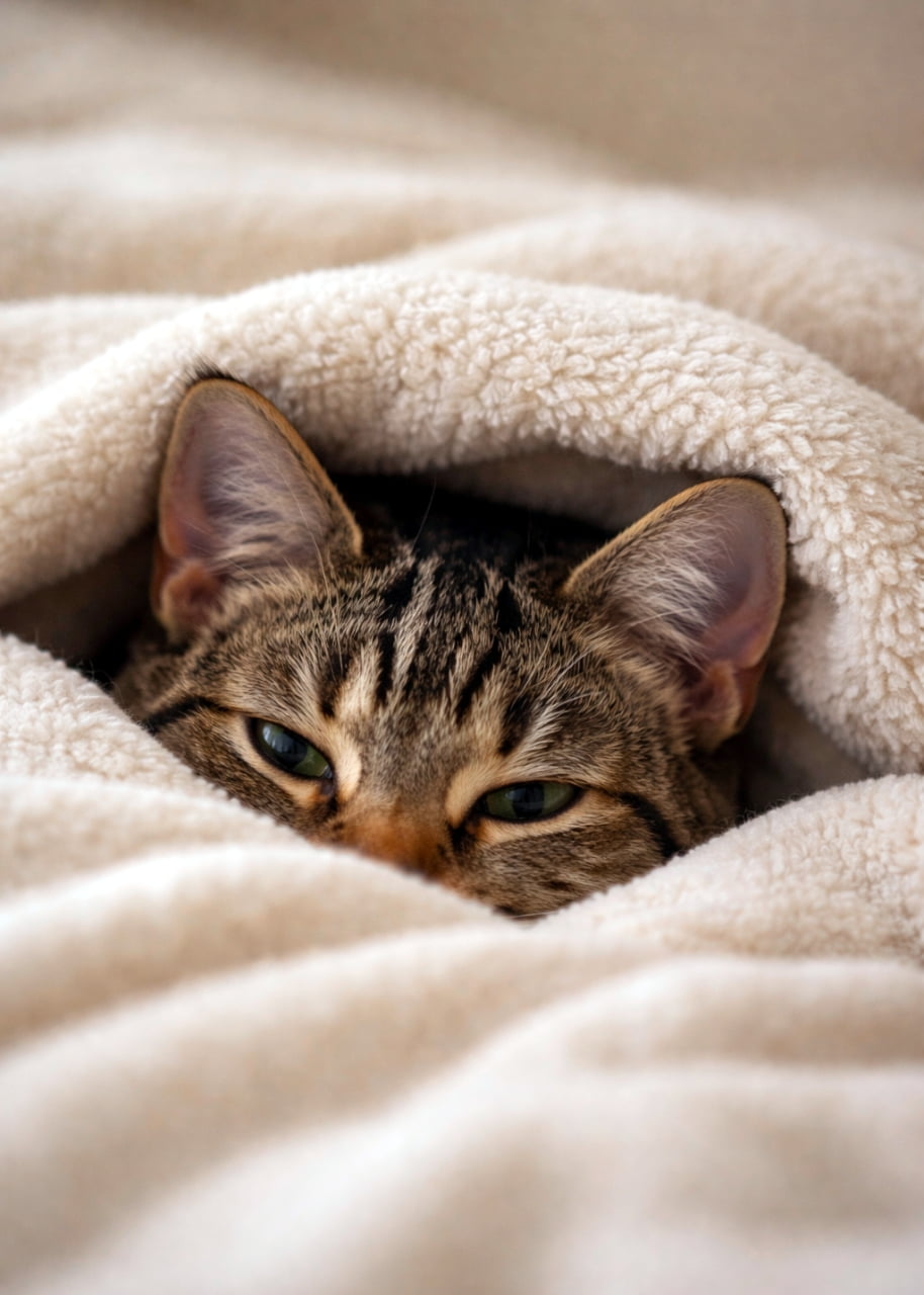 「ぬくぬくお布団から出られないにゃ〜💤もふもふに包まれたキジトラちゃんの眠そうなお顔に癒やされてください🤎」Ultra-realistic high-quality photograph of a tabby cat hiding in a fluffy beige blanket, showing only its face and ears with a relaxed, sleepy expression. ふわふわのベージュの毛布から顔と耳だけをのぞかせているキジトラ猫の高画質写真。リラックスした、とろんとした眠そうな表情をしている