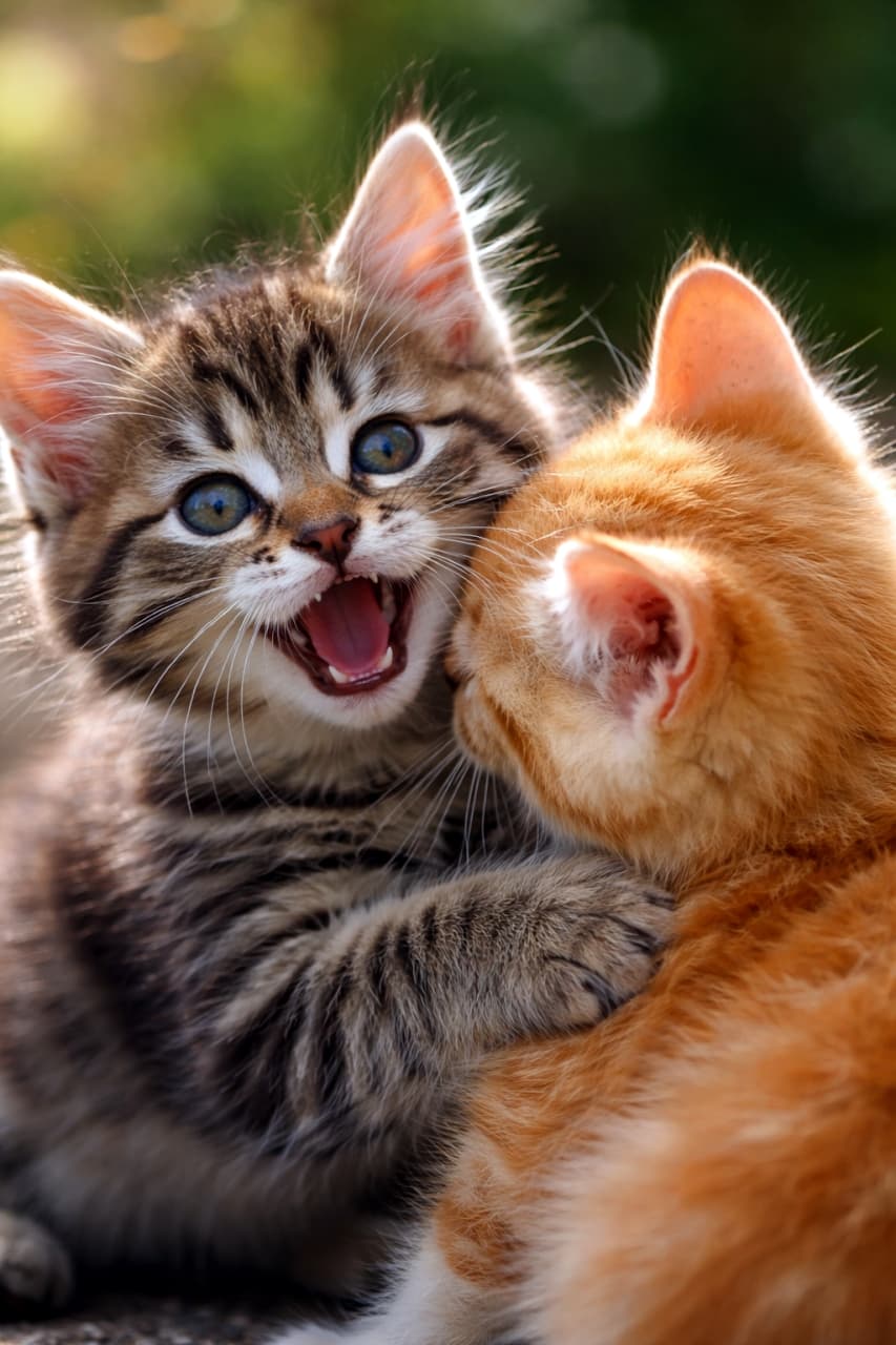 「「ガオー！」って元気な声が聞こえてきそう😆🐾 無邪気にじゃれ合う子猫たちに癒されること間違いなし！💕」Ultra-realistic high-quality photograph of two adorable kittens, a tabby and a ginger, playfully wrestling outdoors in soft natural light. 屋外の柔らかい光の中、大きく口を開けて無邪気にじゃれ合うキジトラと茶トラの子猫たちを捉えた高画質写真