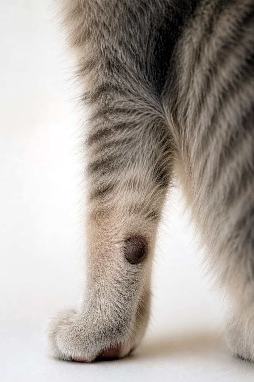 「マニア必見のレアパーツ！🔍手首のあたりにあるぽつんとした「手根球」にフォーカス📸マニアックな可愛さが猫好きには刺さる✨🐾」A close-up view of the back of a light grey tabby cat's front leg, specifically highlighting the small, round, dark carpal pad located higher up near the wrist joint. 淡いグレーのキジトラ猫の前足を後ろ側から捉えたクローズアップ写真。手首の少し上にある、丸くて黒っぽい手根球（しゅこんきゅう）がはっきりと見えます