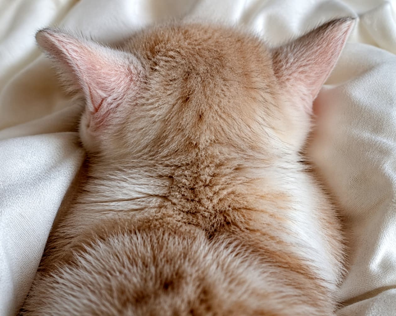 「ずっと見ていられる魅惑の後頭部…🥺💕 完全に無防備な姿でスヤスヤ眠る子猫ちゃんに癒され度100%！🐾✨ #子猫 #後頭部 #猫好きさんと繋がりたい」Ultra-realistic high-quality photograph featuring a detailed close-up of a sleeping kitten's nape and the soft fur on its upper back, seen from a direct rear angle. The kitten is deeply resting on a white sheet in a defenseless posture under soft natural lighting. 白い布の上で顔を伏せて深く眠るクリーム色の子猫の、後頭部から首筋、背中にかけてのクローズアップ写真。柔らかく細い毛並みや耳の後ろの質感が、自然な光の中で精細に描写されている高画質画像