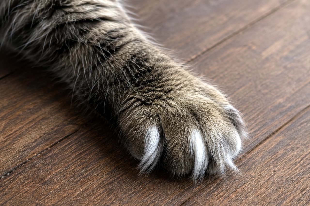 「モフモフのおててがたまらん🐾指の間からはみ出た白いフワ毛がチャームポイント！そっと握手して肉球の感触を確かめたいな🤝😻」A close-up shot of a fluffy tabby cat paw resting on dark brown wooden floorboards, featuring distinct white tufts of fur growing between its toes. ダークブラウンの木目の床に置かれた、キジトラ猫のふさふさとした前足のクローズアップ。指の間からはみ出した白い飾り毛が特徴的です