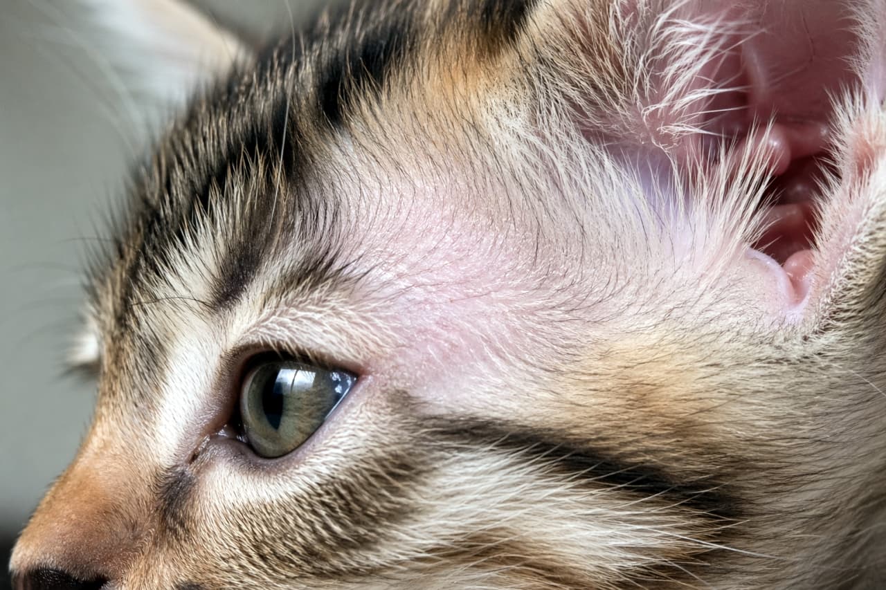 「吸い込まれそうな綺麗な瞳…💎✨ 耳のふわふわ感まで伝わってきませんか？😻 #猫好きさんと繋がりたい #マクロの世界」Ultra-realistic high-quality macro photograph capturing a kitten's clear green eye and the base of its ear. The texture of individual hairs and skin is depicted with extreme realism. 子猫の澄んだグリーンの瞳と耳の付け根を捉えたマクロ写真。細かな毛の1本1本や、耳周りの皮膚の質感が極めてリアルに描写されています