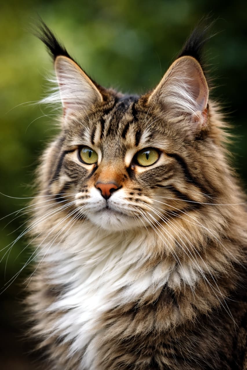 「耳の先の飾り毛がチャームポイント！👑 森の王様みたいな風格がかっこいい〜！🌲🐈 #メインクーン #イケメン猫 #猫写真」Ultra-realistic high-quality portrait photograph of a majestic cat with prominent lynx tips on its ears, resembling a Maine Coon, set against a blurred green natural background. 緑の自然を背景にした、耳の先に長い飾り毛（リンクスティップ）を持つメインクーンのような猫のポートレート写真。野性味と気高さが感じられます
