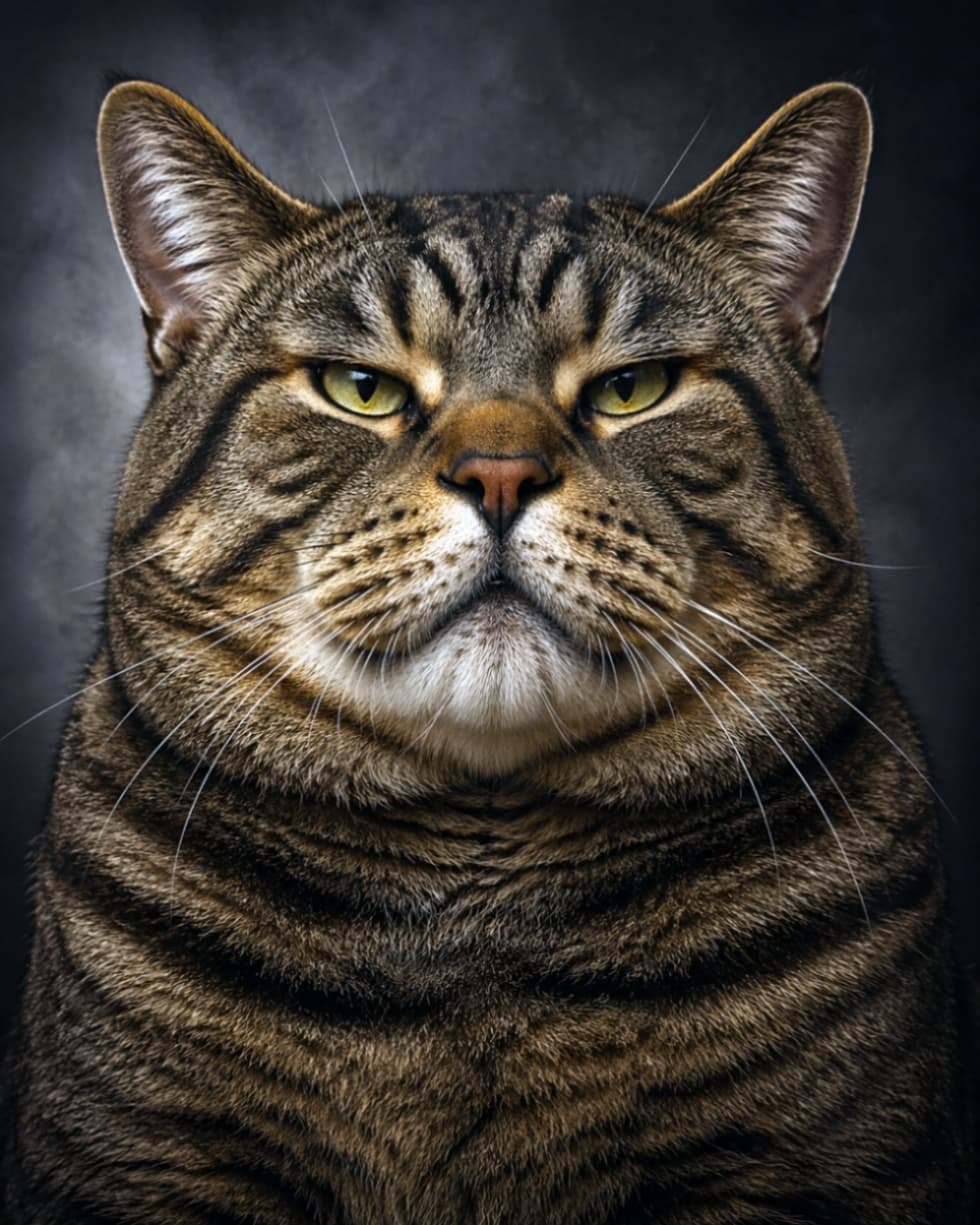 「まるで猫界の王様！？👑貫禄たっぷりのモフモフボディと鋭い眼差しに、思わずひれ伏したくなっちゃうかっこよさです✨🐈」A majestic portrait of a robust tabby cat with thick fur, staring intensely directly at the viewer with a serious and authoritative expression against a dark, moody background. 暗い背景の前に座り、威厳のある鋭い視線でカメラを真っ直ぐに見つめる、ふっくらとしたキジトラ猫の重厚感のあるポートレート写真