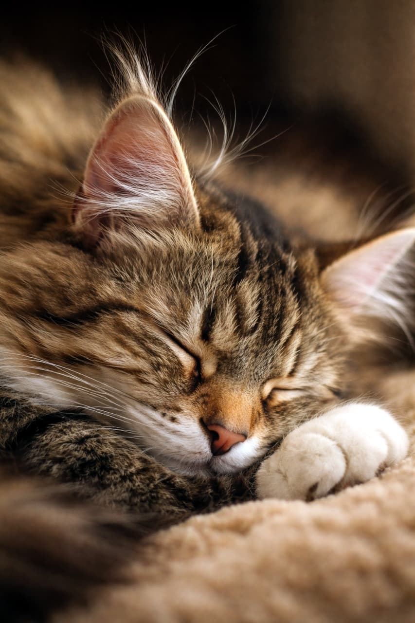 「すやすや…どんな夢を見ているのかな？💭 丸まったおててが可愛すぎる〜🐾💤 #お昼寝猫 #癒し画像 #ねこ部」Ultra-realistic high-quality photograph of a sleeping tabby cat, intimately capturing its relaxed face, folded paws, and fluffy ear tufts. 気持ちよさそうに眠っているキジトラ猫のクローズアップ写真。丸めた前足とリラックスした表情、耳のふさふさとした毛が精細に描写されています