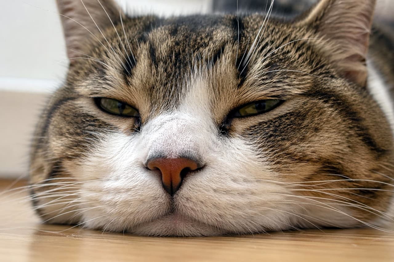 「床にぺったり顎をのせて、今にも夢の中へ出発しそうなとろんとしたおめめがたまらないね😽💤一緒に添い寝したくなっちゃう！」A close-up of a tabby and white cat resting its chin flat on a light wooden floor, with sleepy, half-closed green eyes looking directly at the camera. 明るい木目の床に顎をぴったりとつけて休んでいる、白とキジトラ模様の猫の顔のクローズアップ。半分閉じた眠そうな緑色の目でこちらを見つめています