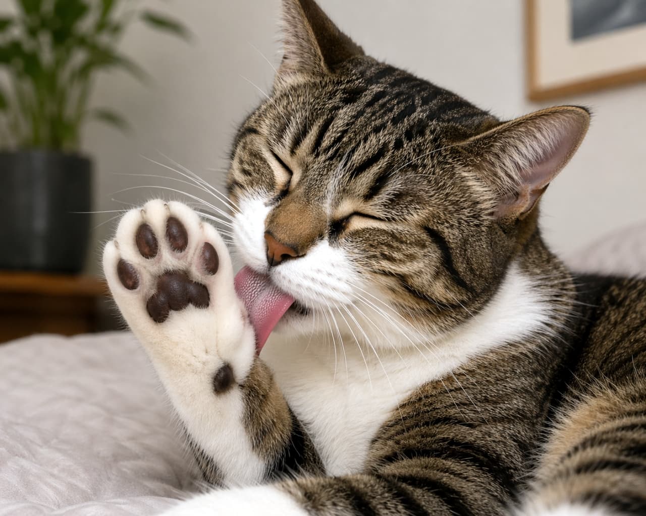「ぺろぺろ…身だしなみは猫の基本だニャ👅✨ 一生懸命おててをキレイにする姿に、つい見とれちゃいます💕」Ultra-realistic high-quality photograph of a tabby-and-white cat with its eyes closed, grooming itself by licking its paw pads on a bed, showing its pink tongue. ベッドの上で目を閉じ、前足を上げて肉球を丁寧に舐めて毛づくろいをしているキジトラ白猫。ピンクの舌とふっくらした肉球が捉えられた高画質写真