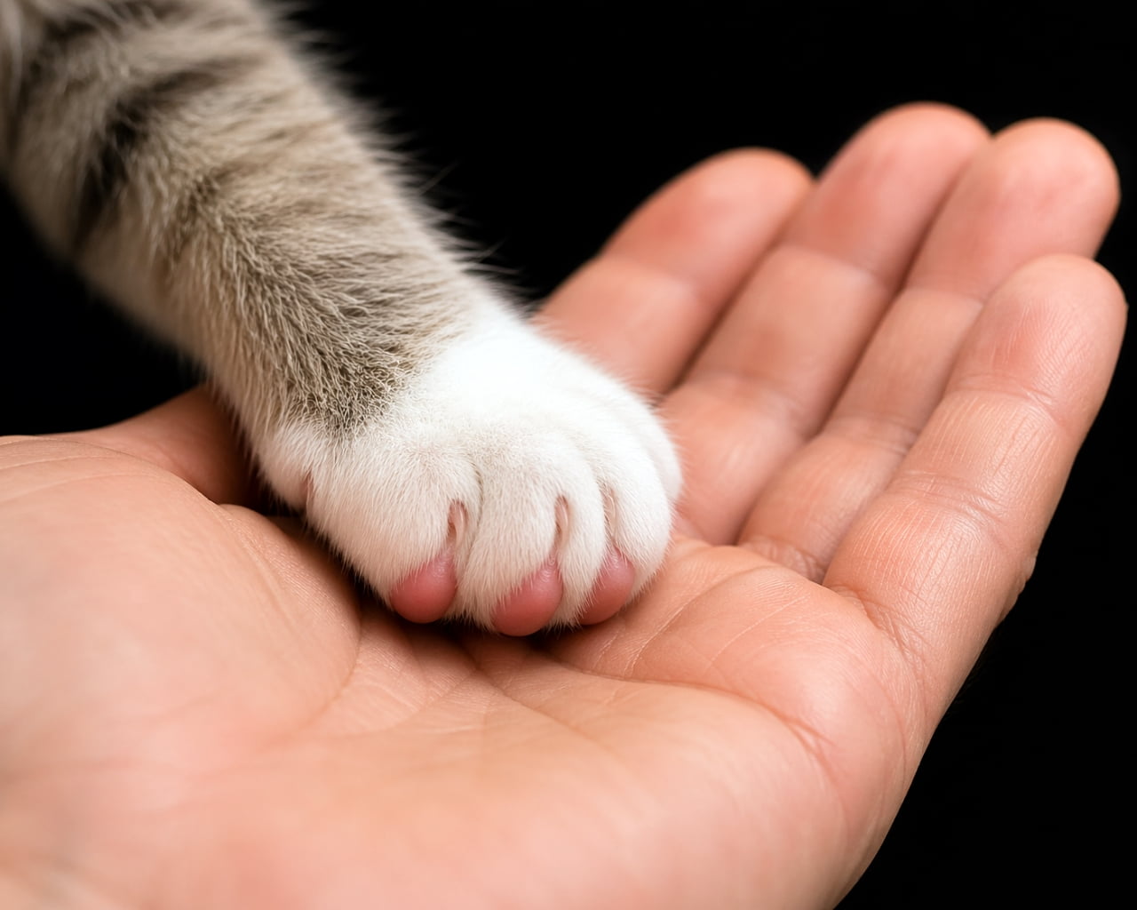 「人間と猫、言葉はいらない優しい絆💖 小さな肉球から伝わる温もりに、心がじんわり温まります☺️✨」Ultra-realistic high-quality photograph of a cat's paw with pink pads resting gently on a human palm, set against a dark background to emphasize the bond and contrast. 人間の温かい手のひらの上に優しく置かれた、ピンクの肉球を持つ猫の前足。黒い背景が手と猫の足のコントラストを引き立たせる、絆を感じる高画質写真
