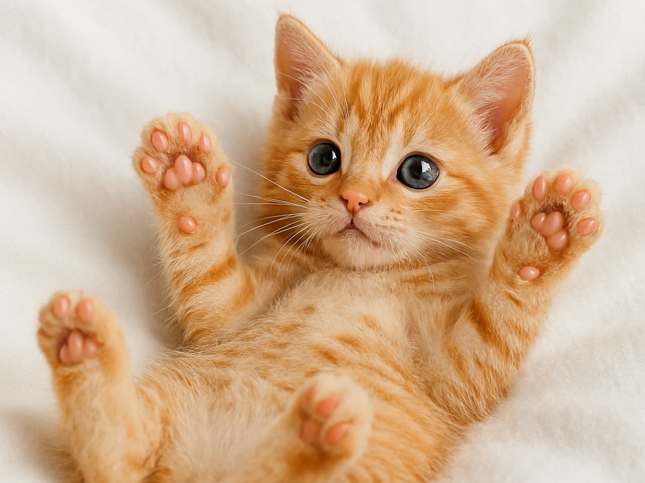 A small ginger tabby kitten lies on its back on a white cloth, reaching its front paws toward the camera. Its blue eyes and pink paw pads create a gentle, tender atmosphere in this photorealistic image. 白い布の上で仰向けになり、前足をカメラに向けて差し出している小さな茶トラの子猫。青い瞳とピンクの肉球が印象的な、優しい雰囲気のフォトリアル画像