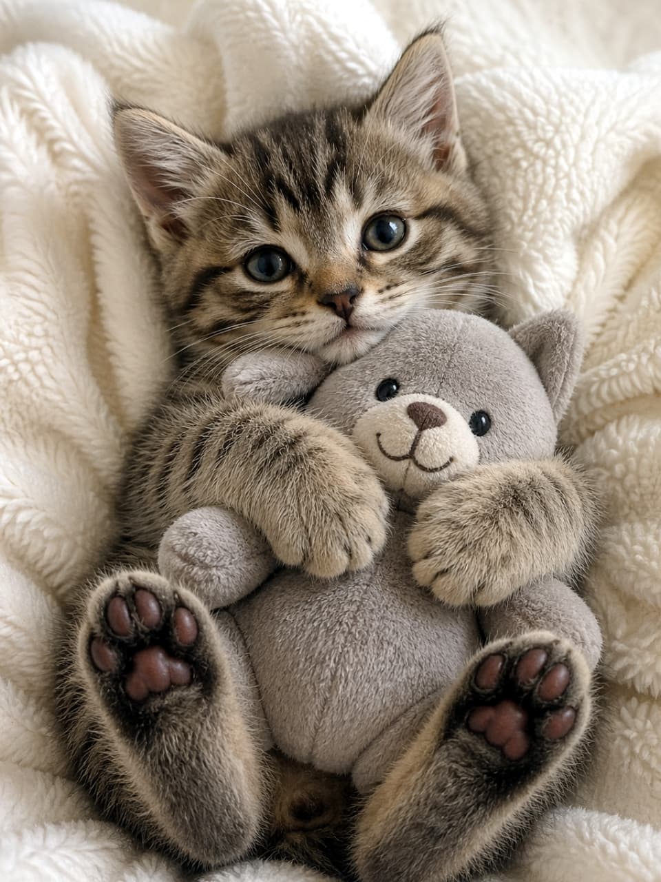 「ぬいぐるみと一緒におやすみニャ🧸💤 ふわふわのブランケットと可愛い肉球に癒されること間違いなし✨」Ultra-realistic high-quality photograph of a cute tabby kitten hugging a gray teddy bear plush toy while wrapped in a fluffy white blanket, showing its tiny paw pads. ふわふわの白いブランケットに包まれ、グレーのテディベアのぬいぐるみをぎゅっと抱きしめるキジトラの子猫。カメラを見つめる愛らしい瞳と、上を向いた小さな肉球が特徴的な高画質写真