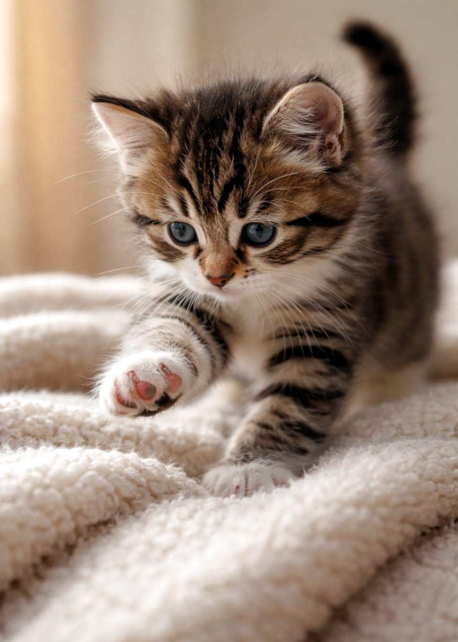 「ふみふみタイム発動中🐾 片足をひょいっと上げて、ぷにぷに肉球をチラ見せ。やさしい時間が流れます✨」A fluffy kitten kneading a soft blanket, lifting one front paw to reveal its pink paw pads before pressing down. ふわふわの毛布をこねる子猫が、前足を持ち上げて肉球を見せている瞬間