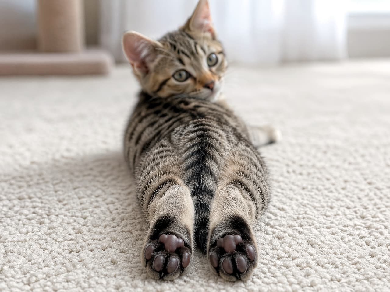 「疲れたらごろんとひと休み🐾 思いっきり伸ばしたうしろ足の肉球、プニプニしたくなっちゃうでしょ？🤤」Ultra-realistic high-quality photograph of a tabby kitten lying on its stomach on a light carpet, stretching its hind legs to show its paw pads to the camera. 白いカーペットの上でうつ伏せになり、後ろ足をピンと伸ばしてカメラに肉球を見せるキジトラの子猫。振り返るような表情が愛らしい高画質の室内写真