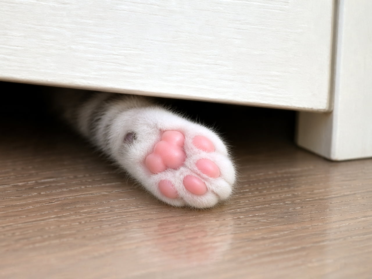 「「ねえ遊んで〜！」って声が聞こえそう🚪💕 隙間から突如現れたピンクの肉球がお宝すぎるんですけど！✨」A close-up of a white and grey striped kitten's front paw reaching out from the narrow gap beneath a light-colored door. The bright pink paw pads are clearly visible against a wooden floor. 明るい色のドアの下にある狭い隙間から、白とグレーの縞模様の子猫の前足がスッと伸びているクローズアップ。木目調の床の上で、鮮やかなピンク色の肉球が鮮明に捉えられています