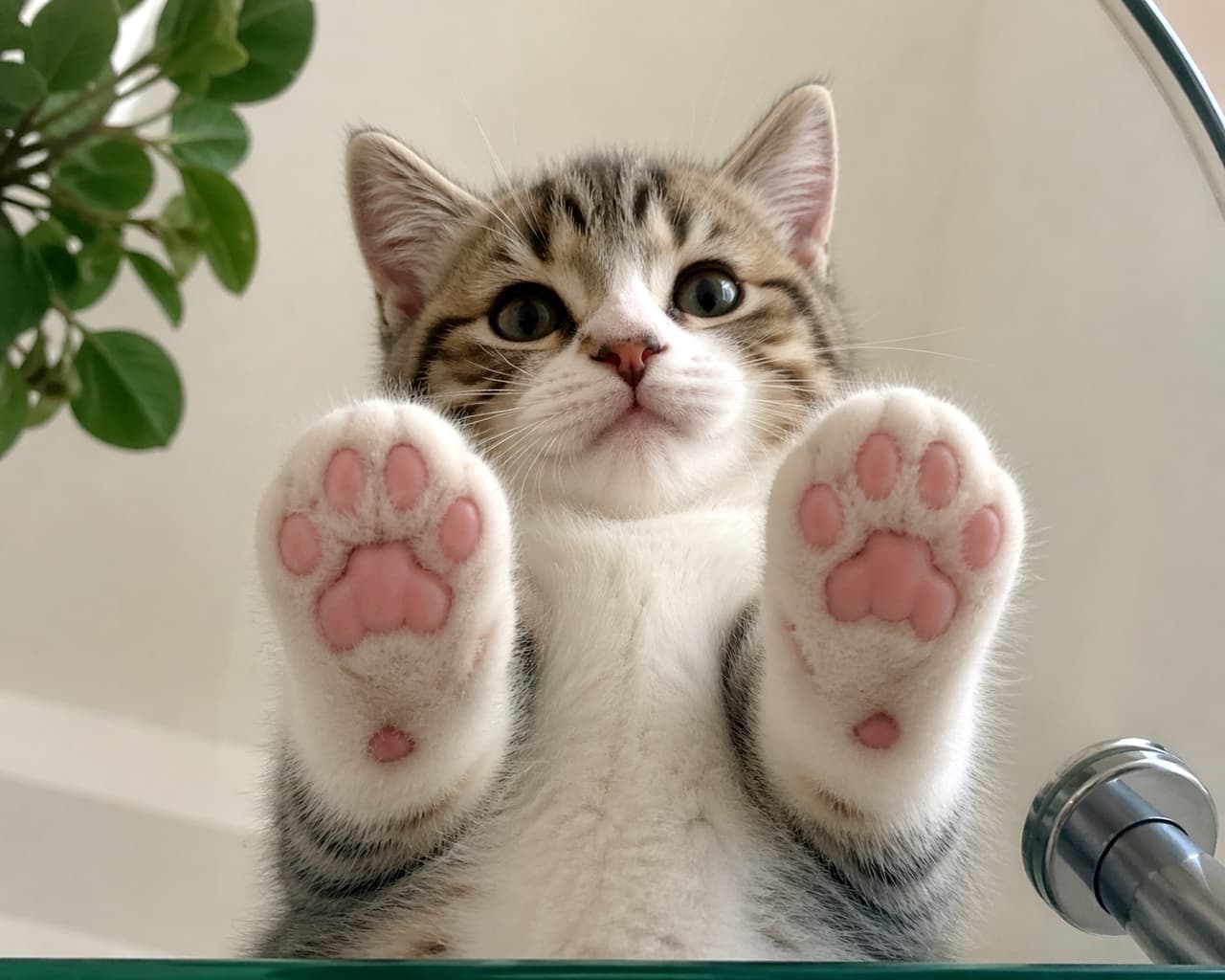 「魅惑のピンク肉球がたまらない！🐾 ガラステーブルの下から見上げる、ぷにぷにおててとキョトン顔の最強コンボです🥺💕 #猫のいる暮らし」A cute kitten viewed from directly below through a glass table, pressing its two front paws with bright pink toe beans against the glass while looking straight down. ガラステーブルの真下から見上げたかわいい子猫。鮮やかなピンク色の肉球がある両前足をガラスにぴったりと押し当てて、こちらを見下ろしている様子