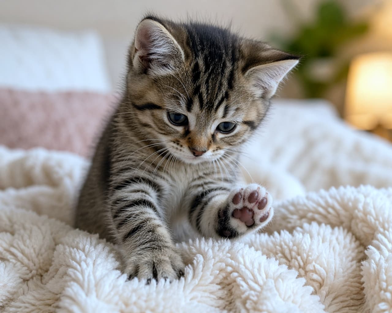 「「このフワフワ、なんだニャ？」🐾初めての感触に興味津々なおててが可愛すぎます🧶✨ #ねこ部 #猫の日常」Ultra-realistic high-quality photograph of a playful tabby kitten exploring and touching a fluffy white blanket on a bed, capturing a moment of curiosity. ベッドの上の白いふわふわなブランケットに前足を伸ばし、興味津々で触ろうとしているキジトラの子猫。あどけない表情と動きのあるポーズを捉えた、高品質でリアルな写真