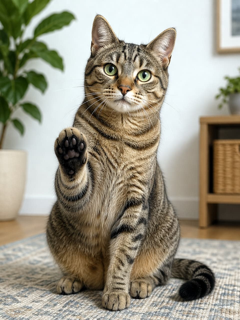 「みんな、今日も一日お疲れ様ニャ👋🌿 お行儀よく座ってご挨拶！思わずハイタッチしたくなっちゃうね✨」Ultra-realistic high-quality photograph of a tabby cat sitting on a rug in a cozy room with plants, raising one paw toward the camera as if waving hello. 観葉植物のあるナチュラルな部屋のラグの上に座り、片方の前足を上げてカメラに挨拶しているようなポーズをとるキジトラ猫の高画質写真