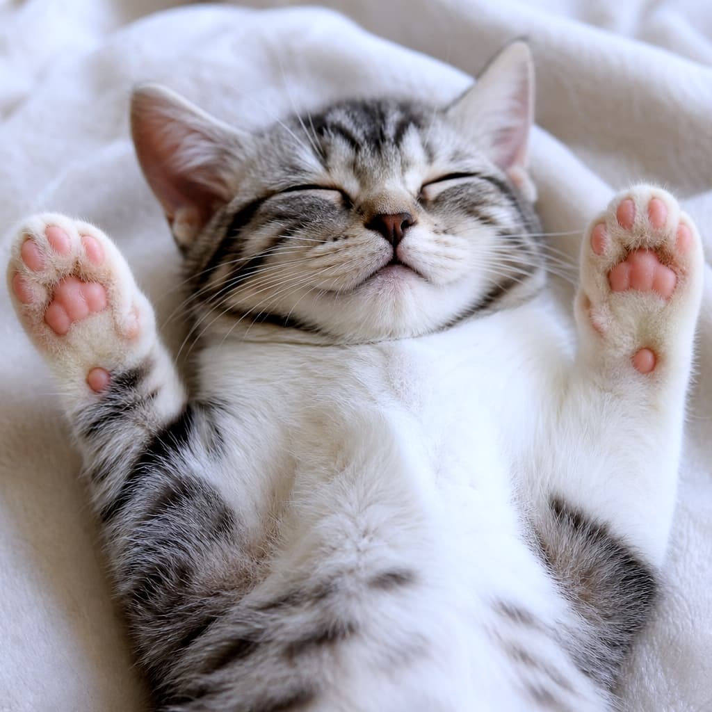 「見てみて！このぷにぷに肉球🐾 シルバータビーの子猫ちゃんがヘソ天でお昼寝中。あまりの可愛さに癒やされちゃうこと間違いなし✨」A high-resolution photograph of a silver tabby kitten sleeping peacefully on its back on a plush, cream-colored blanket. The kitten has its front paws raised in the air, revealing smooth, perfectly shaped pink paw pads with its claws completely tucked away. The kitten's face shows a content, smiling expression with eyes closed, and the soft, natural daylight illuminates the fine texture of its fur. 柔らかいクリーム色の毛布の上で、仰向けになって安らかに眠るシルバータビーの子猫の高解像度写真。前足を上に掲げてリラックスしており、爪を隠した状態で、滑らかで形が整ったピンク色の肉球がはっきりと見えています。子猫の表情は穏やかで目は閉じられており、窓からの自然な光が全体を優しく照らし、毛並みの質感まで詳細に捉えています
