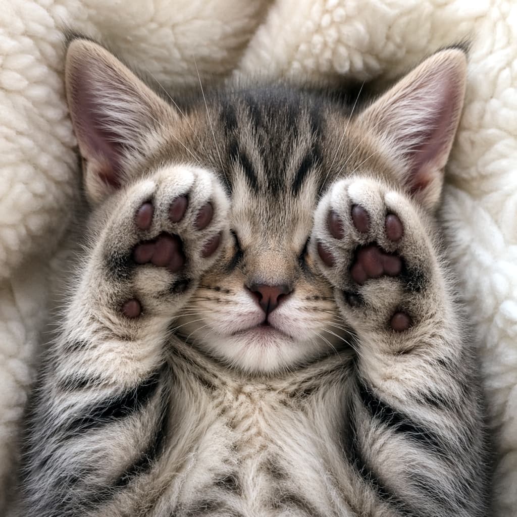 「「まぶしいニャ…」🙈ふわふわブランケットでお顔を隠してスヤスヤ💤この寝姿、反則級の可愛さです💕 #子猫 #お昼寝」Ultra-realistic high-quality photograph of a sleeping tabby kitten lying on its back on a fluffy white blanket, covering its eyes with its paws. 白いふわふわの毛布の中で仰向けになり、両手で顔を隠すようにして眠るキジトラの子猫。ぷっくりとした肉球と穏やかな寝顔が愛らしい、高品質でリアルな写真