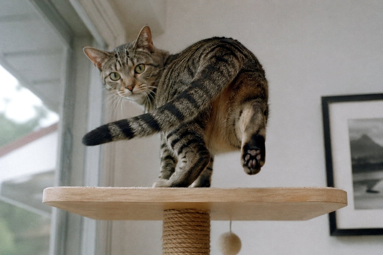 「高いところから何見てるの？🐱✨振り向きざまのキメ顔がクールなキジトラちゃんです！💫」Ultra-realistic high-quality photograph of a tabby cat standing on top of a cat tree, looking back down at the camera with one hind leg raised. キャットタワーの一番上に立ち、後ろを振り向いてカメラを見下ろすキジトラ猫の高画質写真。片方の後ろ足を浮かせている