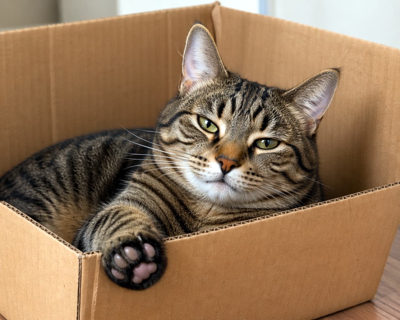 「やっぱりダンボールが一番落ち着くにゃ📦🐾箱にすっぽり収まる姿が可愛すぎる！💖」Ultra-realistic high-quality photograph of a tabby cat relaxing inside a cardboard box, resting a paw with pink toe beans on the edge and looking completely at ease. ダンボール箱の中に入ってくつろぐキジトラ猫の高画質写真。箱の縁からピンクの肉球がついた前足を出し、リラックスした表情を浮かべている