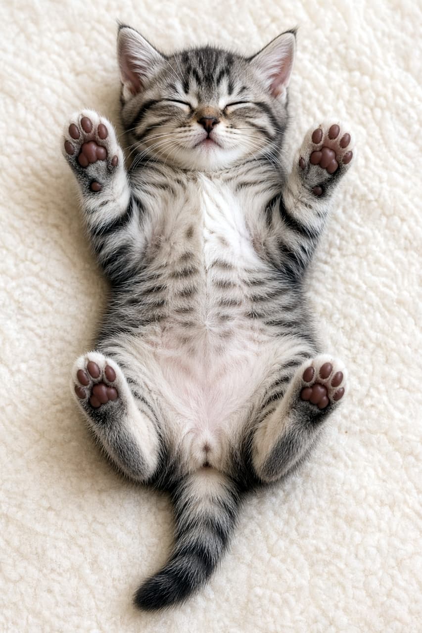 「警戒心ゼロの「へそ天」ポーズでおやすみなさい💤 4つの肉球フルセット見せに癒やされる〜！無防備すぎる寝姿です🤤💕」Ultra-realistic high-quality photograph of a tabby kitten sleeping deeply on its back on a fluffy white rug, with all four paws fully extended upwards. ふかふかの白いラグマットの上で、仰向け（ヘソ天）になって気持ちよさそうに眠っているキジトラ子猫。4本の足の肉球がすべて見えている、無防備でリラックスした姿