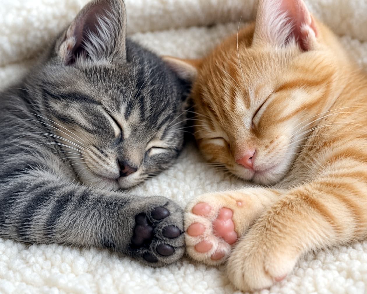 「夢の中でも一緒だにゃん🐾 キジトラちゃんと茶トラちゃんが手を繋いでスヤスヤ…💤 見ているだけで幸せな気持ちになりますね💖」Ultra-realistic high-quality photograph of two sleeping kittens, a grey tabby and an orange tabby, snuggling together on a fluffy white blanket with their paw pads touching. ふわふわの白い毛布の上で身を寄せ合って眠る、キジトラと茶トラの2匹の子猫。お互いの前足の肉球をぴったりと合わせている、平和で愛らしい高画質写真