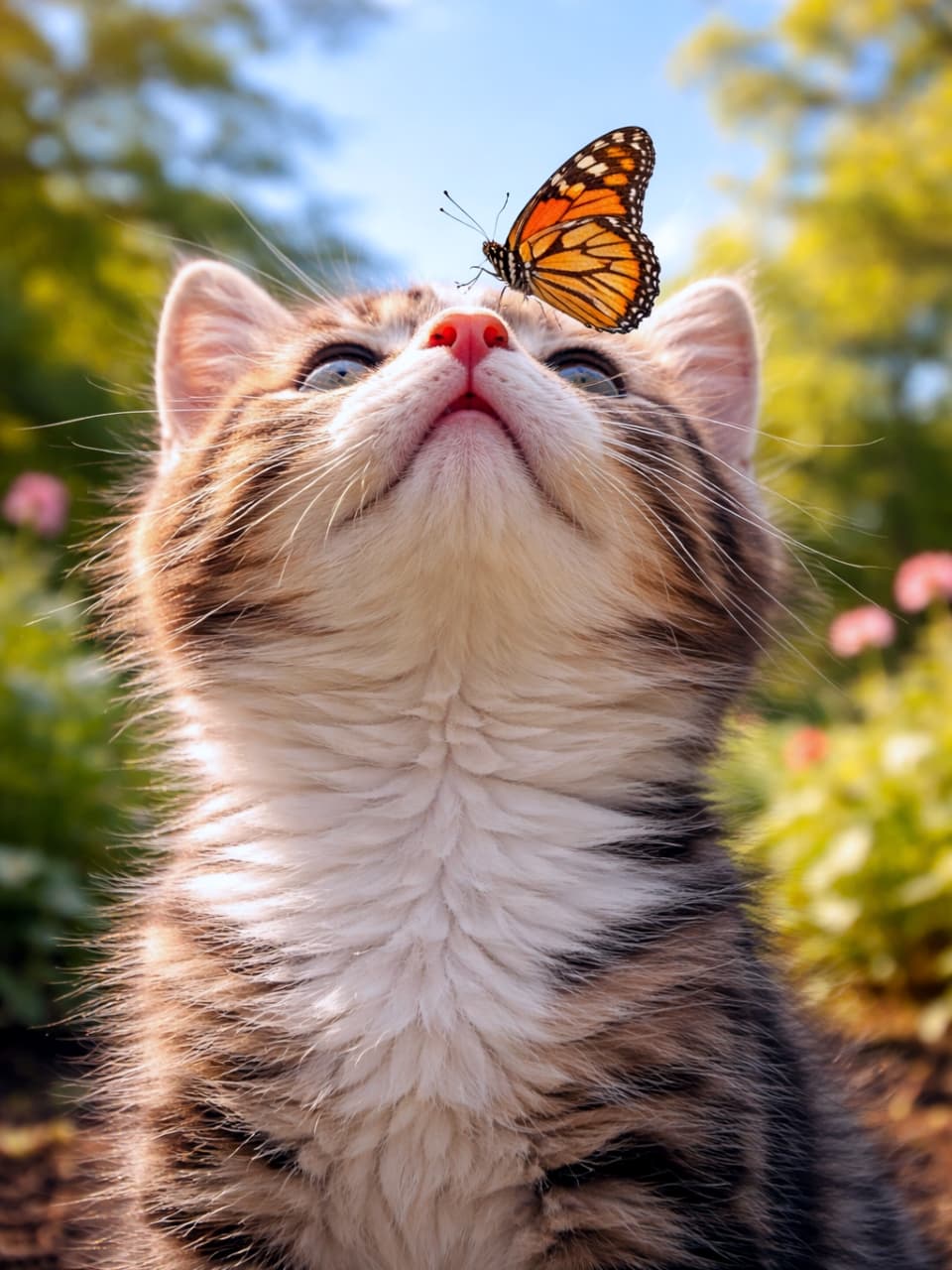 「お鼻にチョウチョさんがご挨拶🦋✨絵本の世界から飛び出してきたような奇跡のワンシーンにキュン💖😻」Ultra-realistic high-quality photograph of an adorable tabby-and-white kitten looking up at a monarch butterfly resting on its nose, with a blue sky and green trees in the background. 青空と緑を背景に、鼻先にオレンジ色のオオカバマダラ（蝶）が止まり、見上げているキジ白子猫の超高画質リアル写真
