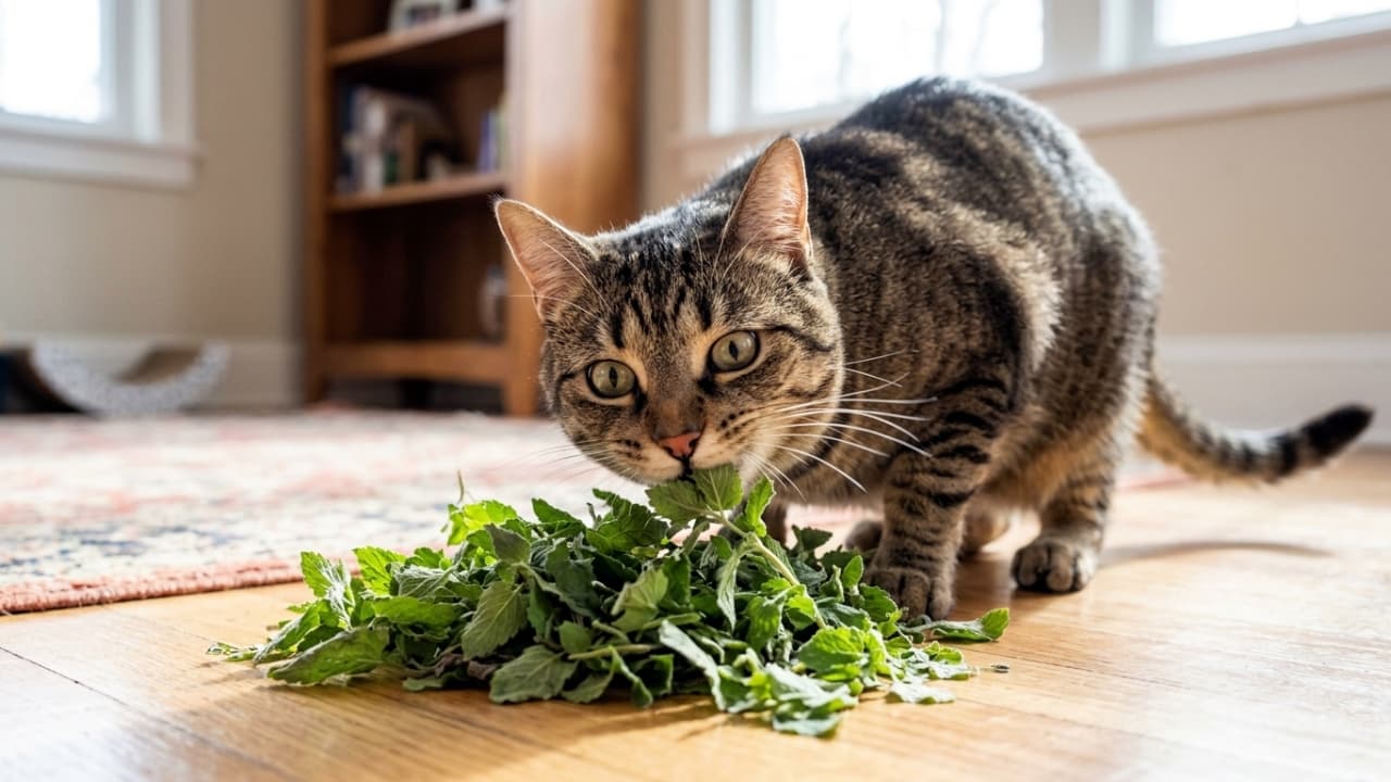 「またたびの香りに興味津々👀🌿！クンクンする表情がたまらなく可愛いですよね😻 #猫のいる暮らし #またたび」Ultra-realistic high-quality photograph of an adult tabby cat deeply sniffing a pile of fresh catnip on a wooden floor. The cat has wide eyes and an active nose, illuminated by bright indoor natural lighting. 木の床の上に置かれたたっぷりのまたたびの葉に顔を近づけ、目を丸くして夢中で匂いを嗅いでいるキジトラ猫のリアルな高画質写真。明るい室内の自然光が猫の毛並みを美しく照らしています