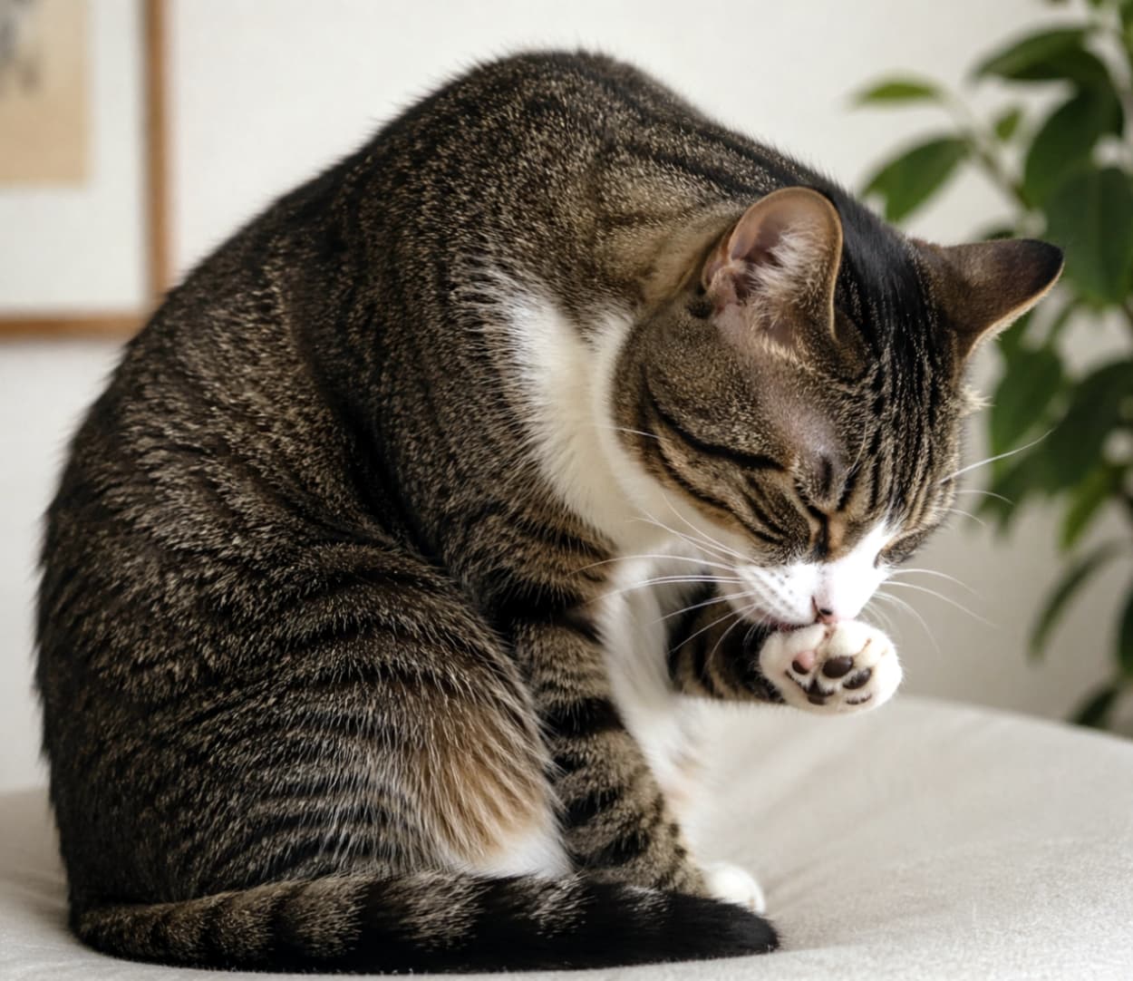 「自分の足はどんな匂い？🐾✨ 入念なチェックが欠かせない猫様のリラックスタイム🛋️🌿 #猫の毛づくろい #肉球の匂い」Ultra-realistic high-quality photograph of an adult cat sniffing its own front paw and toe beans during grooming. The pose shows a natural, curving neck and body under soft indoor lighting. 毛づくろいの最中に、自分の前足の肉球（トービーンズ）に鼻を押し当てて匂いを嗅いでいる大人猫の高画質写真。首を曲げた体が自然なカーブを描いており、柔らかな室内照明がリラックスした雰囲気を演出している