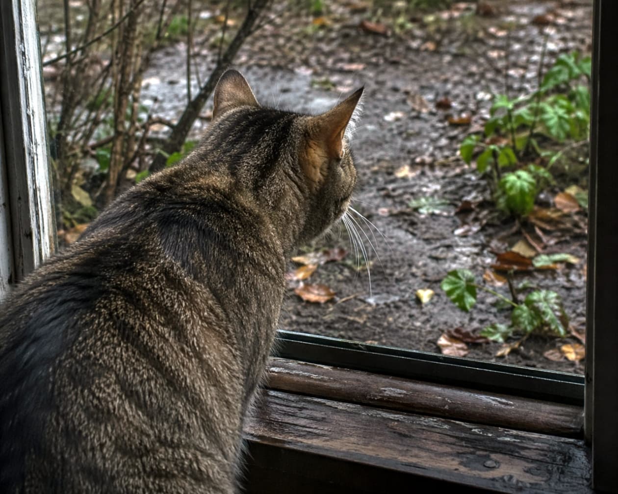 「雨上がりの窓辺で、じっとお外を観察中☔️🐈 お散歩に行きたかったのかな？ #雨の日の過ごし方 #窓辺の猫」Ultra-realistic high-quality photograph of a tabby cat looking out the window at a wet garden after the rain, moody atmosphere. 窓辺から雨上がりの濡れた庭を見つめるキジトラ猫の後ろ姿の高画質写真。少しダークで落ち着いた雰囲気