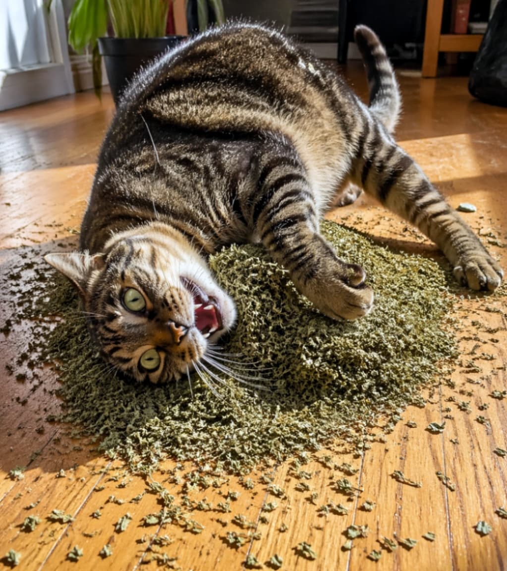 「キャットニップの海でゴロゴロ最高〜！😹 ぽかぽかお日様の下で、完全にハジけちゃってるご満悦な猫ちゃんです☀️🌿」A playful tabby cat rolling around on its back in a large pile of dried catnip on a sunlit wooden floor, mouth slightly open in excitement. 日差しの差し込むフローリングの床の上で、たっぷりの乾燥キャットニップの山に背中をこすりつけて仰向けに転がり、口を少し開けて大興奮しているキジトラ猫