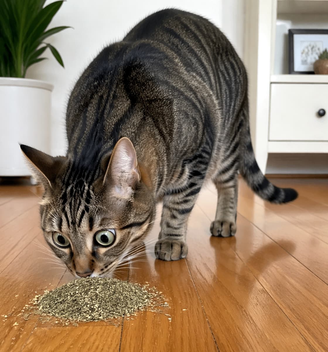 「クンクン…これは魅惑の香りニャ！😻 キャットニップの山を見つけて、おめめがまん丸になっちゃったキジトラちゃんです🌿✨」A close-up shot of a tabby cat with wide eyes leaning down to sniff a small pile of dried catnip scattered on a wooden floor in a brightly lit room. 明るい室内のフローリングの床に散らばった乾燥キャットニップの小さな山に顔を近づけ、目を丸くして匂いを嗅いでいるキジトラ猫のクローズアップ写真