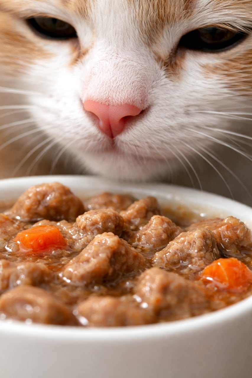 「今日のゴハンは何かな〜？🍖美味しそうな匂いに釣られてお鼻がドアップになっちゃった猫ちゃん😻」Ultra-realistic high-quality close-up photograph of a ginger-and-white cat's nose smelling wet cat food with carrots in a bowl in the foreground. 手前に置かれたニンジン入りのウェットキャットフードの匂いを嗅ぐ、茶白猫の鼻と口元の超高画質クローズアップ写真