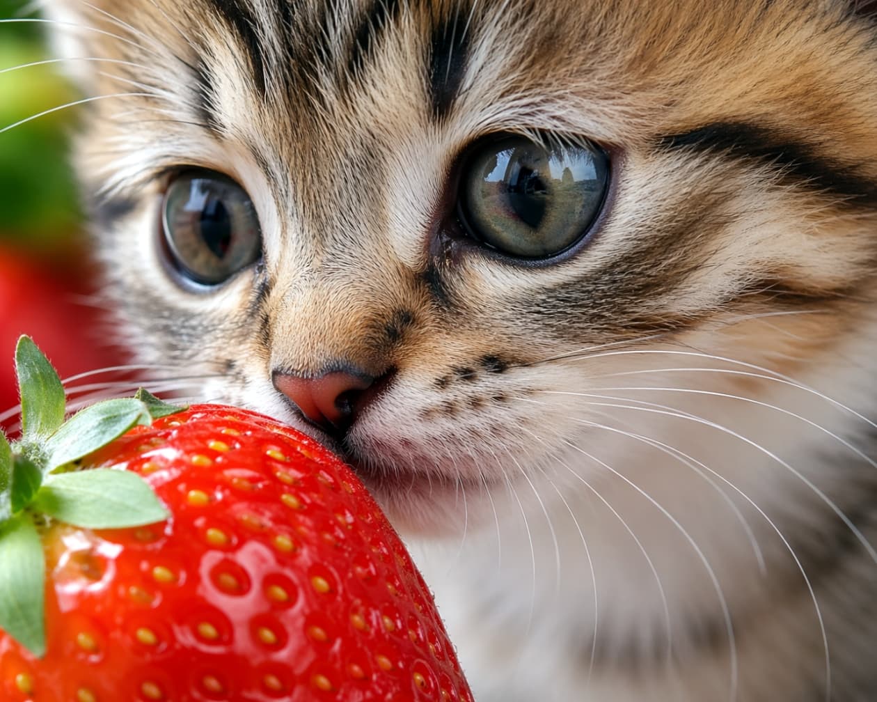 「旬のいちごに興味津々！🍓✨ キラキラのおめめがたまらなく可愛いね😻 #猫とフルーツ #子猫の成長」Ultra-realistic high-quality photograph of a close-up of a tabby kitten smelling a fresh, bright red strawberry. 真っ赤でみずみずしい苺の香りを嗅ぐ、キジトラ子猫の顔のクローズアップ高画質写真。猫の瞳に風景が反射している
