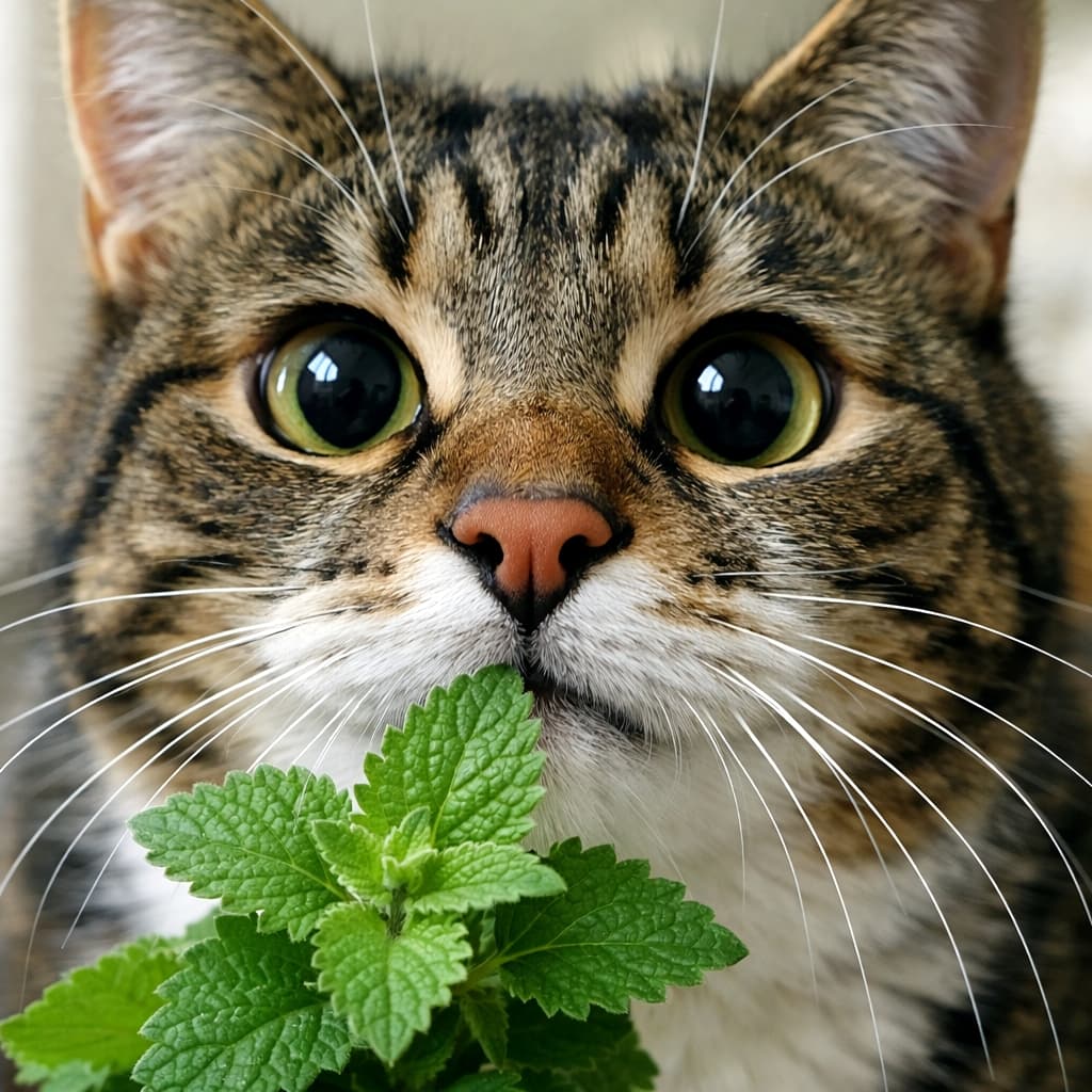 「クンクン…この魅惑の香りはにゃんだ⁉️😳 瞳孔全開で生のキャットニップに夢中なキジトラちゃん🌿✨ #猫のいる暮らし #キャットニップ」Ultra-realistic high-quality square photograph featuring a frontal close-up of a tabby cat sniffing fresh green catnip leaves. The cat has extremely wide eyes with dilated pupils and long whiskers. Highly detailed fur and leaf texture. 真正面から捉えたキジトラ猫の顔のクローズアップ。新鮮な緑のキャットニップの葉の匂いを嗅いでおり、興奮で瞳孔が開いた大きな目と、ピンと張った長いヒゲが特徴的。毛並みや葉の質感が極めて精細に描写された正方形の高画質写真