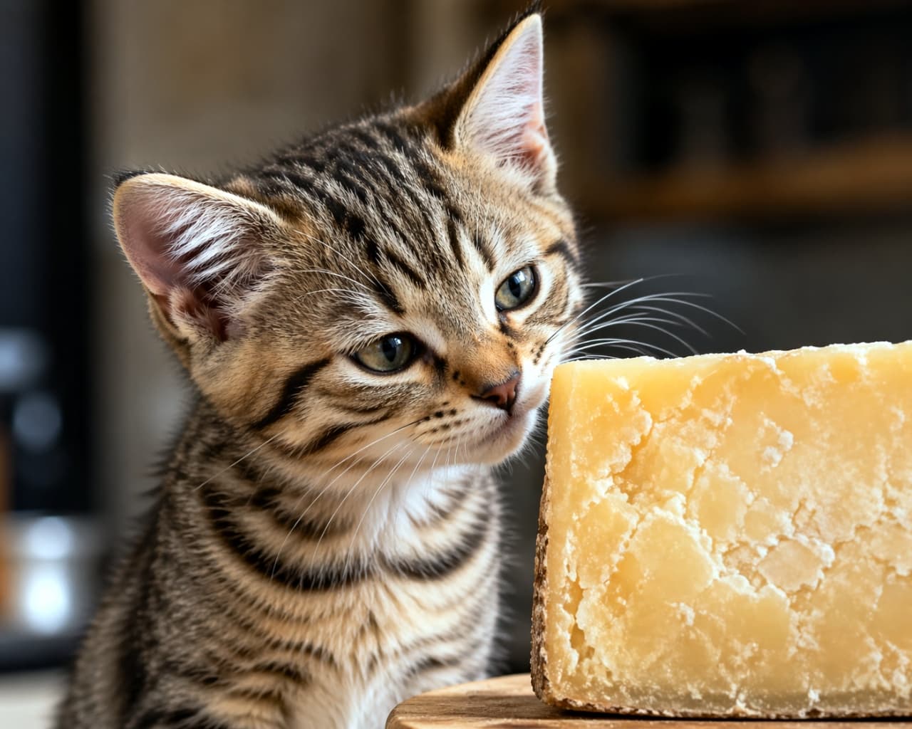 「くんくん…この不思議な匂いは何！？🧀🐾 不思議そうな表情でチーズを観察する子猫ちゃんに癒される🥰 #猫の不思議 #食いしん坊」Ultra-realistic high-quality photograph of a kitten sniffing a piece of strong aged cheese with a confused head tilt. The shot features natural framing of the head and shoulders with highly detailed textures under bright lighting. 熟成されたハードチーズの匂いを嗅ぎ、少し首をかしげて困惑したような表情を見せるキジトラ子猫の高画質写真。鼻をピクピクさせており、頭部から肩にかけての自然なラインが明るい照明の下で詳細に描写されている