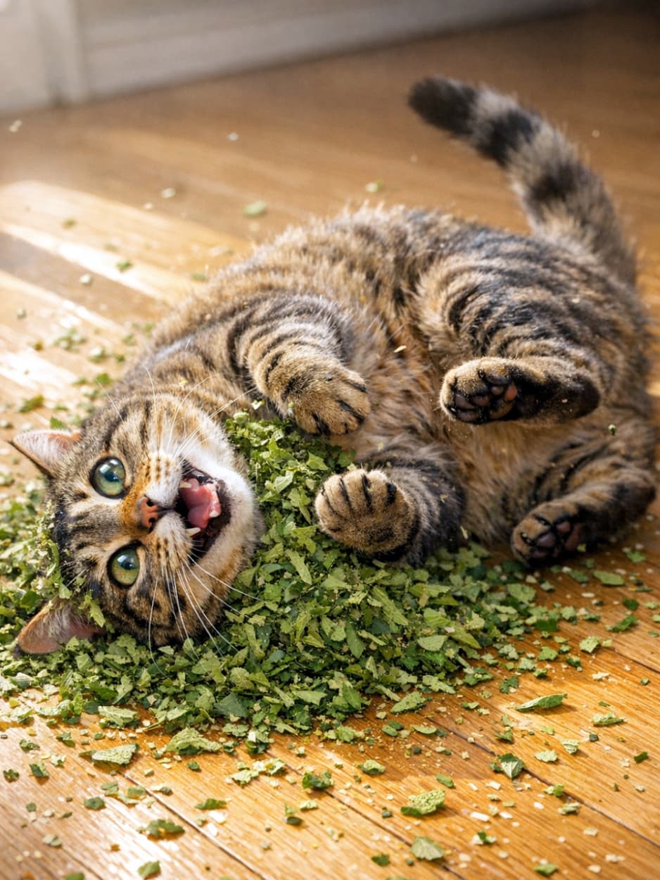 「大好きな香りに包まれてテンションMAX！🐾🌿 キャットニップの魔法にかかった恍惚の表情が面白かわいすぎる😂💕 #猫のいる暮らし #またたび #猫あるある」Ultra-realistic high-quality vertical photograph of an adult tabby cat in a euphoric pose, actively rolling and rubbing its face into a large, messy pile of catnip on a sunlit wooden floor. The image perfectly captures its wide glassy eyes, slightly open mouth in a dazed grin, curled paws, and the dynamic motion of scattered leaves. 太陽の光が差し込むフローリングの床で、大量のキャットニップの葉っぱに顔をこすりつけ、仰向けになって転げ回るキジトラ猫。目をまん丸に見開き、口を半開きにした恍惚の表情と、丸められた前足、宙に舞う葉っぱが躍動感たっぷりに捉えられた縦長の高画質写真