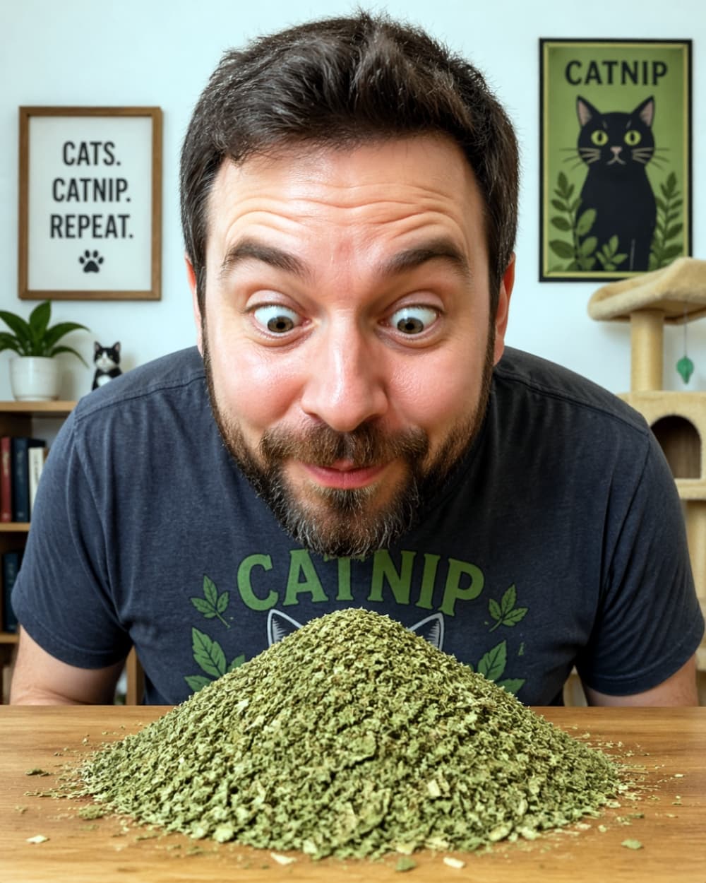 「猫ちゃんが大好きなキャットニップ🌿…って、あれ！？人間が大興奮しちゃってる！？👀 笑劇の展開をお届けします🤣 #AI生成あるある #猫草」Ultra-realistic high-quality photograph of a bearded man with wide, excited eyes staring at a large pile of catnip on a table. Humorous concept. 山盛りの乾燥キャットニップを前に、目を大きく見開いて興奮しているヒゲを生やした男性のコミカルな写真。背景には猫のポスターが飾られている