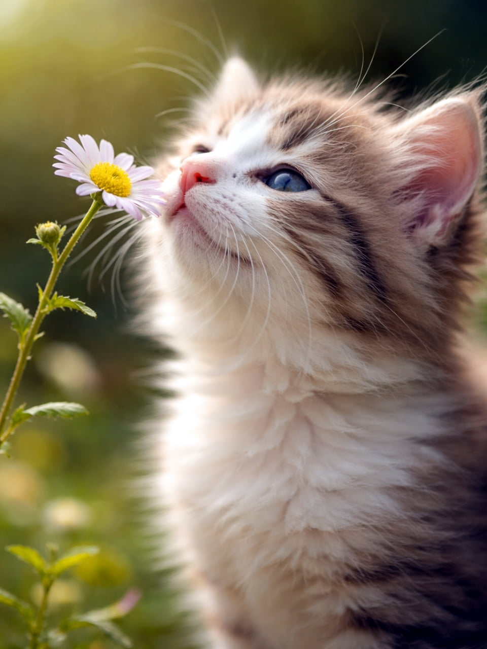 「春の訪れを感じるね🌸お花の香りを優しくクンクンする子猫ちゃんのピュアな姿にメロメロ😻✨」Ultra-realistic high-quality photograph of a fluffy tabby-and-white kitten bringing its nose close to a pale pink daisy flower in the sunlight. 陽の光の中で、淡いピンク色のデイジーの花に鼻を近づけて匂いを嗅ぐキジ白子猫の超高画質リアル写真