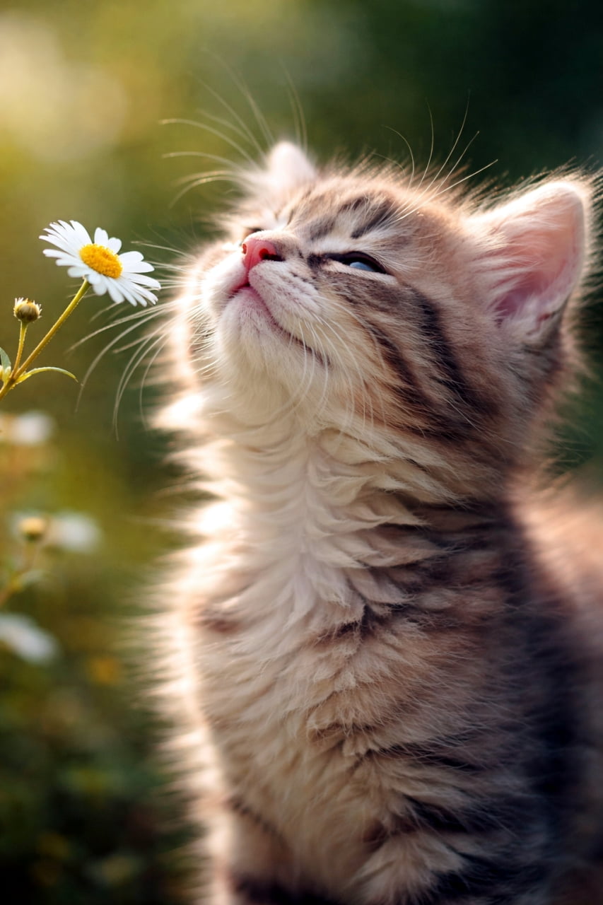 「お花とご挨拶するふわふわ子猫ちゃん🌼お花のいい香りにうっとり🌼✨光に包まれたふわふわ子猫ちゃんに癒やされちゃおう🐈💖」Ultra-realistic high-quality photograph of a fluffy long-haired kitten with closed eyes smelling a white daisy bathed in sunlight, with a beautiful bokeh background. 陽の光を浴びながら、目を閉じて白いデイジーの香りを嗅ぐふわふわの長毛子猫の超高画質リアル写真。背景は美しい玉ボケ