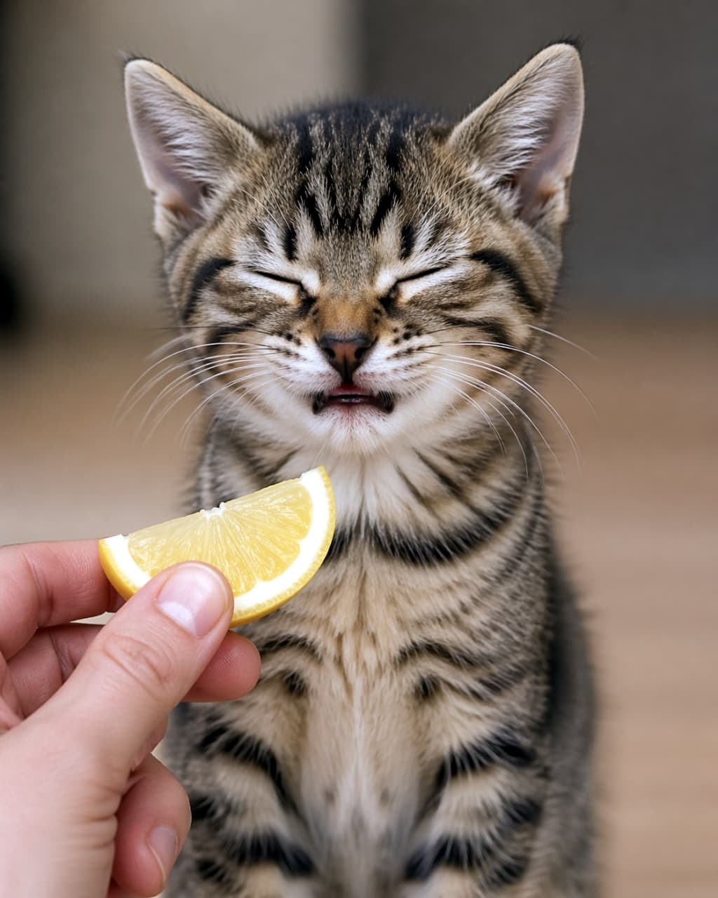 「「にゃ、にゃんだこの匂いは〜！！」🙀 すっぱいレモンに大パニックの猫ちゃん🍋 表情が豊かすぎて笑っちゃう😂 #フレーメン反応 #猫のいる生活」Ultra-realistic high-quality photograph of a tabby kitten making a funny, scrunchy face (Flehmen response) while sniffing a slice of lemon held by a human hand. 人間が差し出したカットレモンの匂いを嗅いで、目を細めて歯を見せながら渋い顔（フレーメン反応）をしているキジトラの子猫