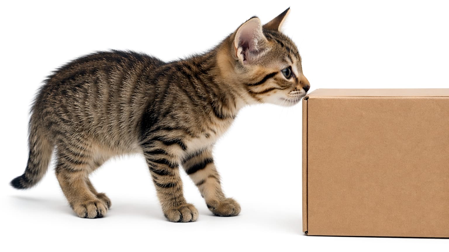 「新しい箱を発見！これは僕の新しいお家になるかな？まずは念入りにクンクンチェックニャ📦✨」Ultra-realistic high-quality photograph of a kitten sniffing the corner of a cardboard box against a clean white background. Sharp focus on the kitten's inquisitive expression. 白背景の中で、茶色の段ボール箱の角に鼻を近づけて匂いを嗅ぐ子猫。全身が写ったサイドビューで、猫の好奇心旺盛な様子がクリアに描かれています