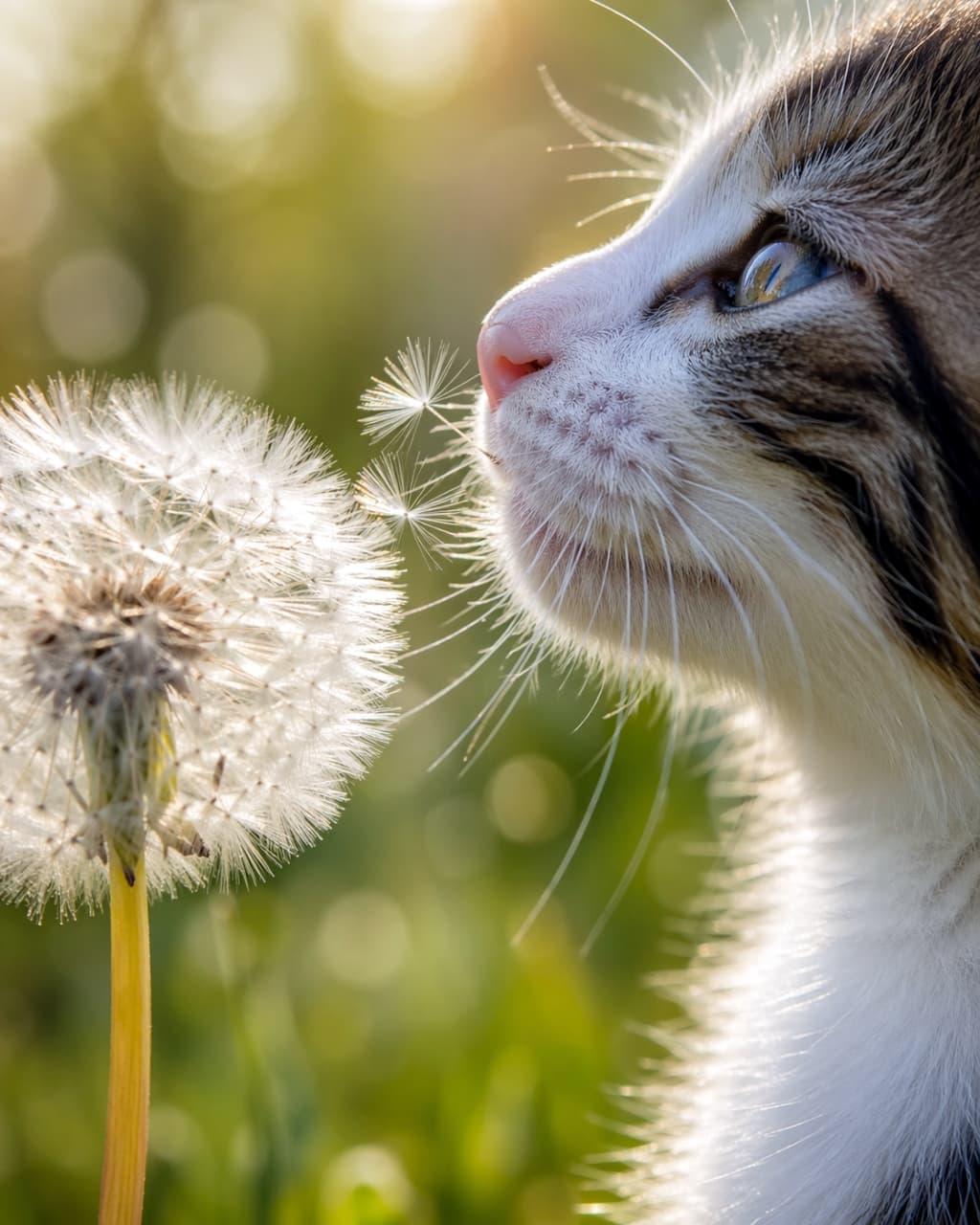 「春の香りに誘われて……。くんくん、これはなんだろう？ふわふわな世界に夢中な子猫ちゃん🐾✨」Ultra-realistic high-quality photograph of a kitten's profile gently sniffing a glowing dandelion puff. The sunlight highlights the fine fur and whiskers against a warm, bokeh forest background. 逆光を浴びてキラキラと輝くタンポポの綿毛に、優しく鼻を近づける子猫の横顔。毛並みやひげのディテールまで鮮明で、背景には温かみのあるボケ味が広がっています