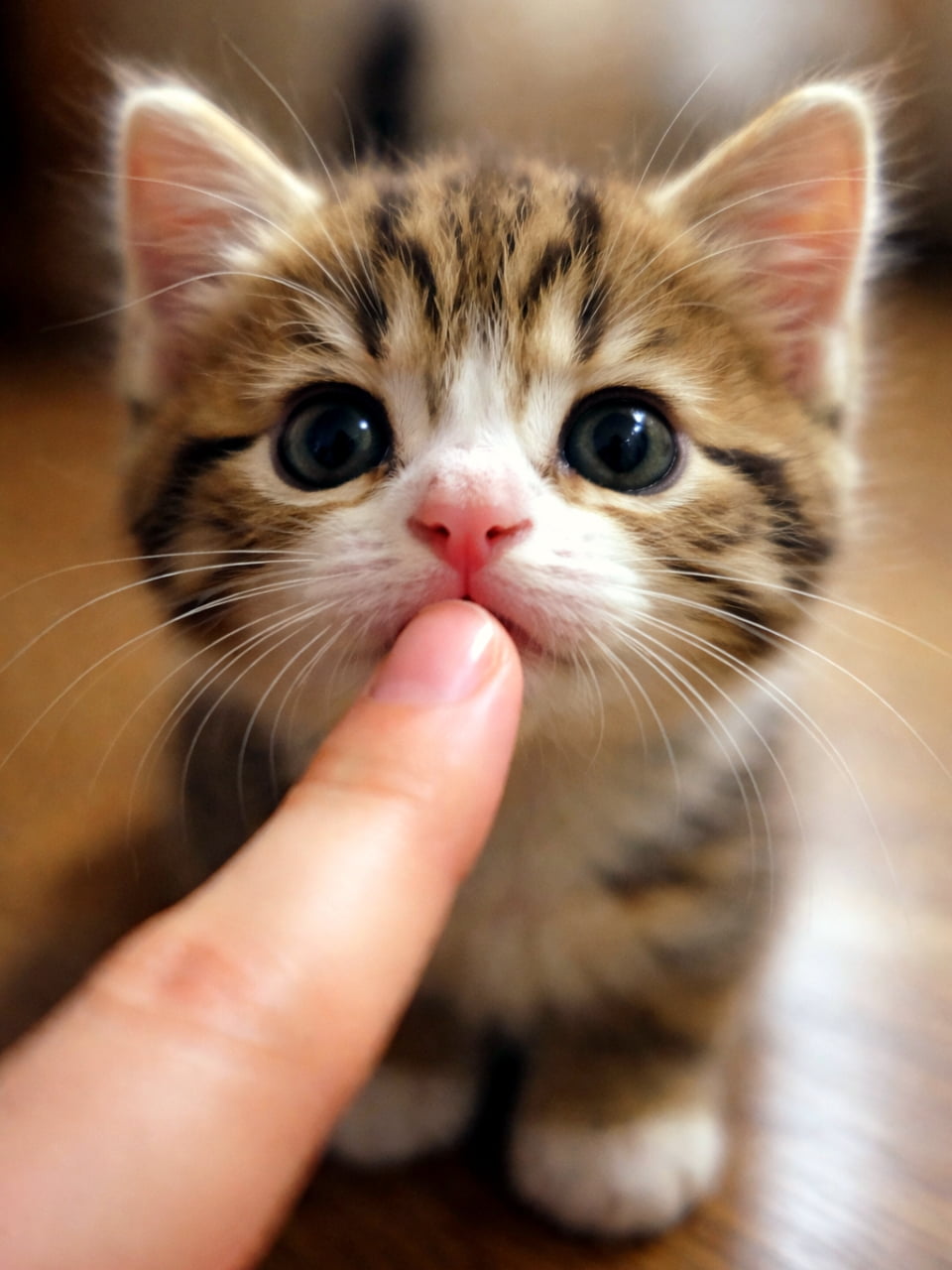「「これ、にゃに？」🐾 指先をクンクンする表情がたまらない🥺💕 ずっと見つめていたくなる可愛さです！ #猫のいる暮らし #子猫」Ultra-realistic high-quality photograph of a cute tabby-and-white kitten sniffing a human index finger. Features large round eyes and soft fur in warm indoor lighting. 人間の人差し指の匂いを嗅ぐキジトラ白の子猫のクローズアップ写真。クリクリとした大きくて丸い瞳と、柔らかな毛並みが詳細に描写されている。温かみのある室内光